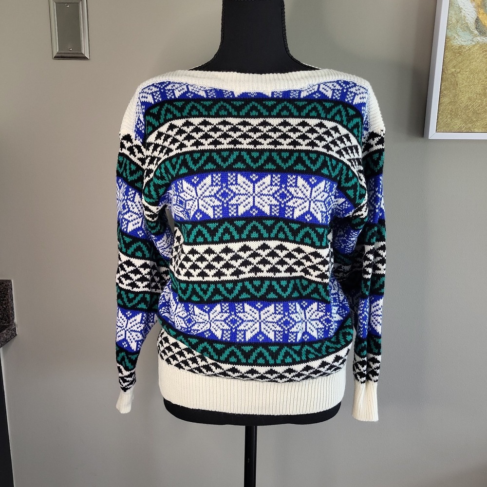 Vintage TALBOTT Fair Isle Nordic Ski Sweater Women's M Blue Green Cottagecore